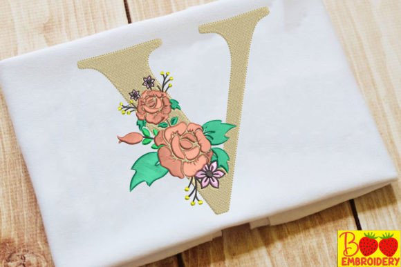 Letter V and Flower Embroidery Design